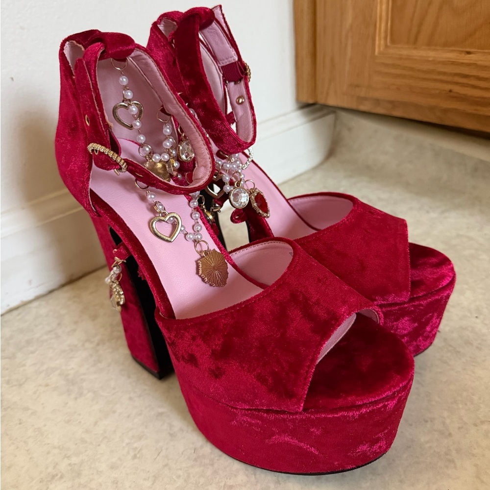 Dolls Kill Red Velvet Platform Heels with Charm Accents - Women's